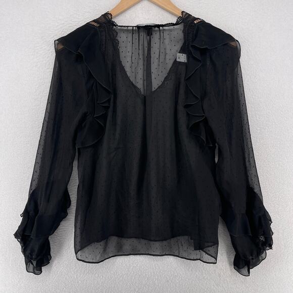 INTERMIX Top S Silk Chiffon Sheer Swiss Dot V-Neck Ruffle Long Sleeve Black - Picture 2 of 11